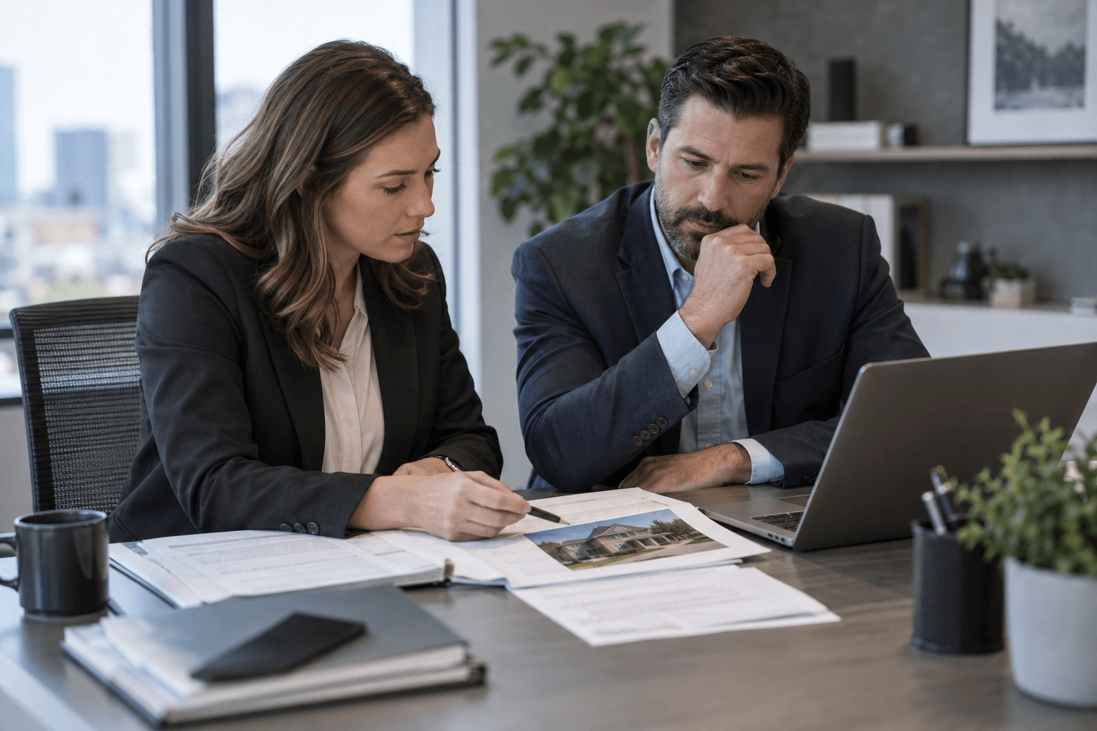 Insurance professionals reviewing claim evidence and policy documents together