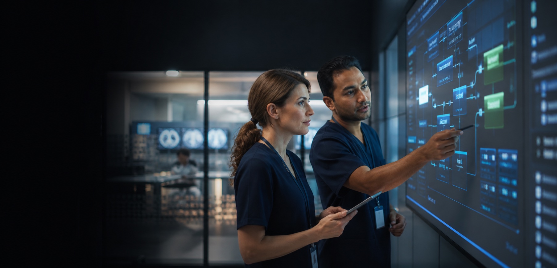 Healthcare operations professionals reviewing an AI-assisted workflow